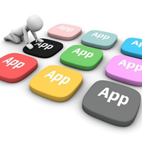 Illustration of a figure next to some multicoloured buttons that say app on each