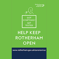 Graphic image saying got symptoms get tested. Help keep Rotherham open 
