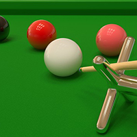 Photo of some snooker balls on a table with the cue pointing at the white ball