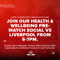 Image is a graphic that says Join our health and wellbeing pre-match social vs Liverpool from 6 to 7pm Sunday 28th February 6 to 7pm on Zoom